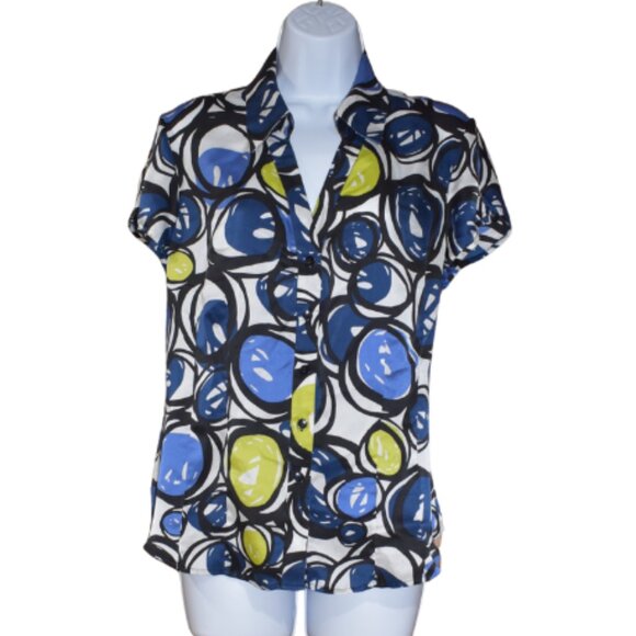 Nine West Silk Blouse Size 12 Large Short Sleeve Collared V-Neck Top - Picture 1 of 14
